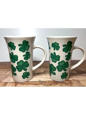 Set Of 2 Ceramic Shamrock Print Coffee Mugs - St. Patricks Day Theme